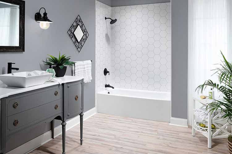 shower with gray walls